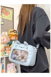 Korean style cute cat ear transparent ita bag for girls, casual single shoulder crossbody bag.