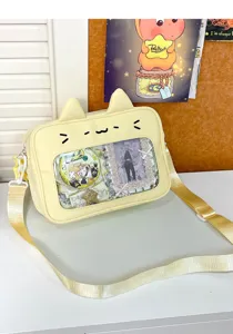 Cute cat ear ita bag with transparent window crossbody canvas shoulder bag for anime fans daily use