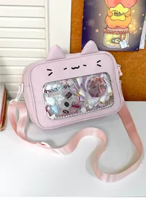 Korean style cute pink cat ear crossbody ita bag with transparent window for cute daily student use.