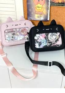 Cute cat ear transparent itabag for anime fans, stylish PU leather messenger crossbody shoulder bag.