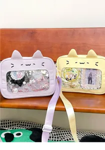 Cute cat transparent window crossbody Ita bag, perfect for daily student use and badge display.