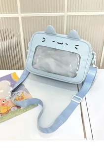 Cute cat ear clear ita bag detail, light blue student messenger bag with transparent window.