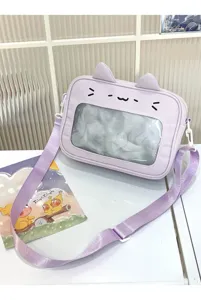Purple cat ear ita bag with transparent window for cute daily crossbody style and pins display.