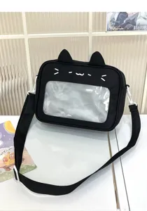 Black cat transparent itabag crossbody bag for cute daily student use and badge display.
