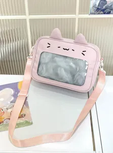 Cute pink cat ita bag with clear window and ears, perfect for daily casual use or anime fans.