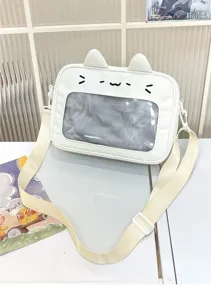 Cute white cat ear ita bag with transparent window, perfect for students and daily casual wear.