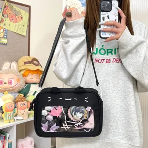 Korean style black cat ita bag with transparent window for pins, cute crossbody bag for daily.
