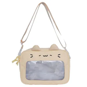 Cute cat ita bag with transparent display window, sweet crossbody shoulder bag for daily use.