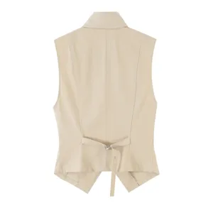 Klassische beige schmale Damen Weste mit Rückengürtel und Schnalle, elegante Casual Oberteile.