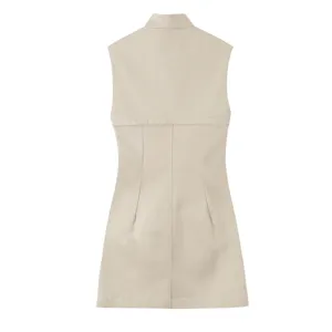 Beige sleeveless dress back view, elegant slim fit casual wear fine details style.