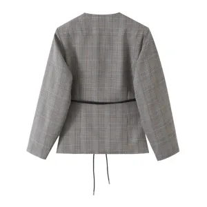Women's casual plaid blazer with waist drawstring long sleeve jacket stylish outerwear