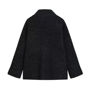 Black knit cardigan jacket back detail view, elegant textured fabric, casual daily wear.
