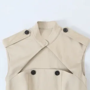 Beige stylish sleeveless dress featuring stand collar, epaulets, cutout design and buttons.