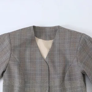 Women's Grey Plaid V-Neck Blazer Fashion Casual Long Sleeve Suit Jacket Main Display