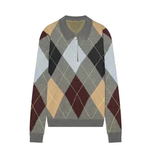 Polo de Punto de Algodón Casual para Mujer Patrón Argyle Bloque de Color Suéter de Manga Larga Streetwear Top