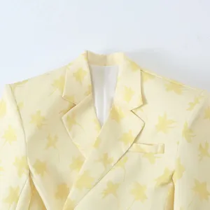 Γυναικείο ανοιχτό κίτρινο σακάκι blazer με λουλουδάτο τύπωμα, κομψό πανωφόρι για γυναίκες.