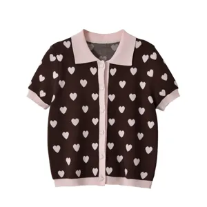 Gilet tricot coeur marron rose manches courtes polo boutons mode femme chic top