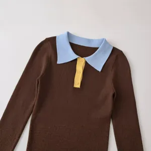 Women's slim fit ribbed knit sweater featuring a stylish contrast lapel, button placket.