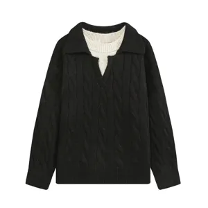 Women fashion contrast lapel knit sweater fake two piece casual pullover black top