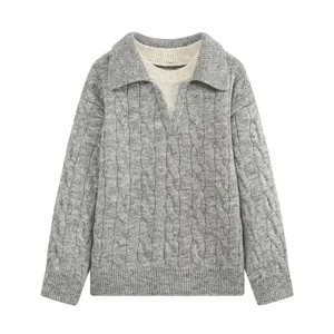 Women's grey cable knit sweater with lapel collar fake two piece design casual chic style.