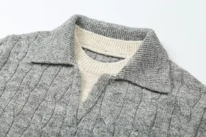 Women's grey cable knit sweater with contrast collar fake two-piece casual top detail shot