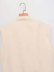 Back detail view of the women casual stand collar loose zipper vest, neutral beige color.