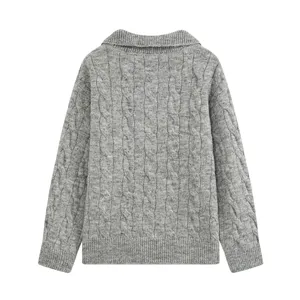 Grey cable knit sweater for women, classic lapel casual long sleeve pullover top.