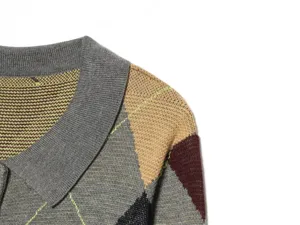 Jersey de polo de punto para mujer con patrón argyle, diseño geométrico clásico de rombos.