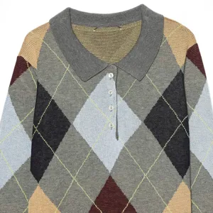 Jersey de punto para mujer con patrón argyle cuello polo vintage casual elegante top