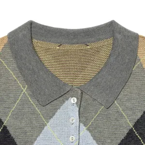 Elegante jersey polo de punto argyle para mujer, top informal con patrón geométrico.