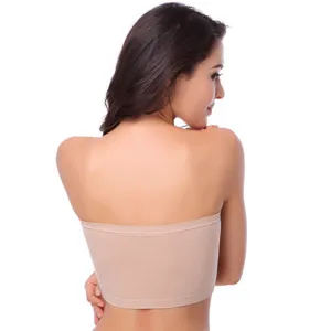 Detail view of seamless strapless bandeau bra in nude, smooth back stretchy fabric.