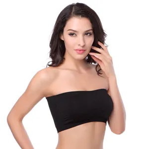Close-up detail of the black seamless bandeau bra, featuring comfortable stretch fabric.