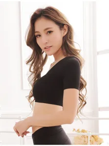 Women seamless short sleeve body shaper fitness yoga workout crop top underwear black