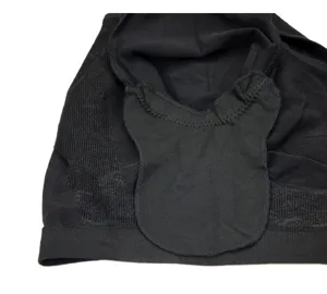 Seamless underarm sweat pad shapewear detail view, breathable black athletic shaping top.