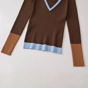 Women's contrast color V-neck ribbed knit sweater long sleeve slim fit casual top