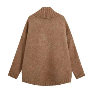 Pull en tricot surdimensionné marron décontracté pour femme, cardigan à revers manches longues.