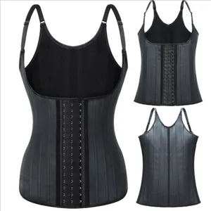Vue détaillée du gilet corset minceur en latex noir avec 25 os en acier et fermeture.