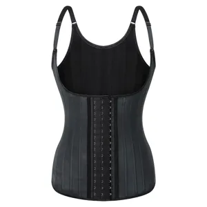Vue détaillée du gilet de corset d'entraînement à la taille en latex noir avec crochets et bretelles.