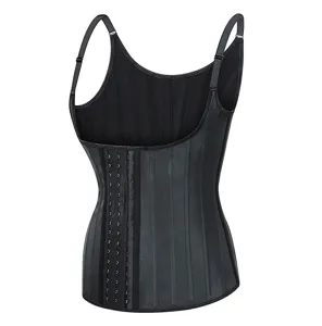 Gilet de corset minceur en latex noir pour femmes avec bretelles ajustables et crochets.