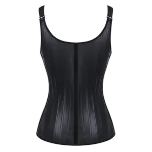 Vue détaillée du gilet corset en latex noir 25 os, haut amincissant et sculptant.