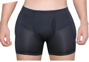 Men's padded hip enhancer shapewear detail view, black breathable boxer briefs design.