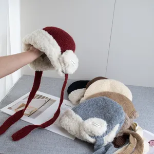 Women's Winter Thick Warm Faux Fur Trapper Hat Knitted Ear Protection Lei Feng Hat Soft Plush Earflap Beanie Cap For Outdoor