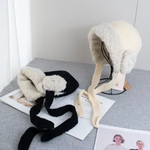 Thickened plush ear-flap knit hat winter warm cozy trapper hat stylish fuzzy beanie cap