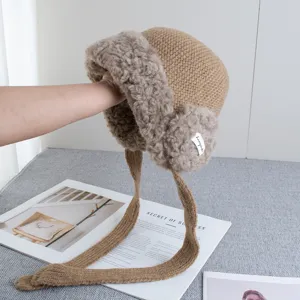 Thick plush winter ushanka hat with ear flaps knitted warm trapper hat for women cold weather