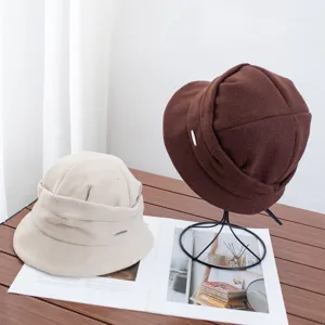Japanese style pleated short brim woolen bucket hat for women autumn winter warm retro basin hat