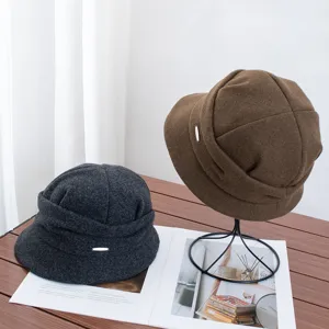 Japanese style pleated short brim woolen bucket hat autumn winter vintage casual warm basin hat