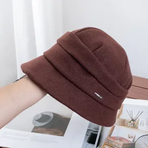 Japanese style folded short brim wool felt bucket hat for women, brown autumn winter retro hat.