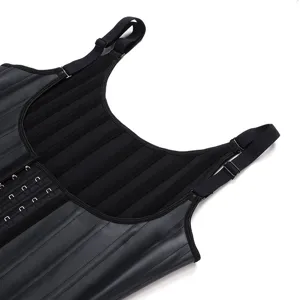 Gilet gainant noir en latex avec bretelles et crochets pour sculpture du corps vue detaillee.