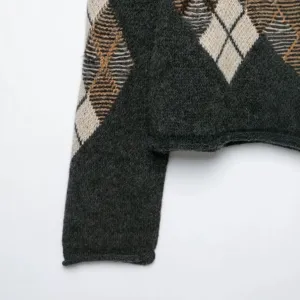 Damen Argyle Muster Langarm Rundhalsausschnitt Strickpullover, Freizeit Winter Top.