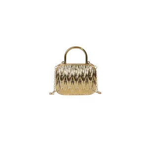 Mini metallic pleated shoulder bag with top handle and chain strap for women chic style.